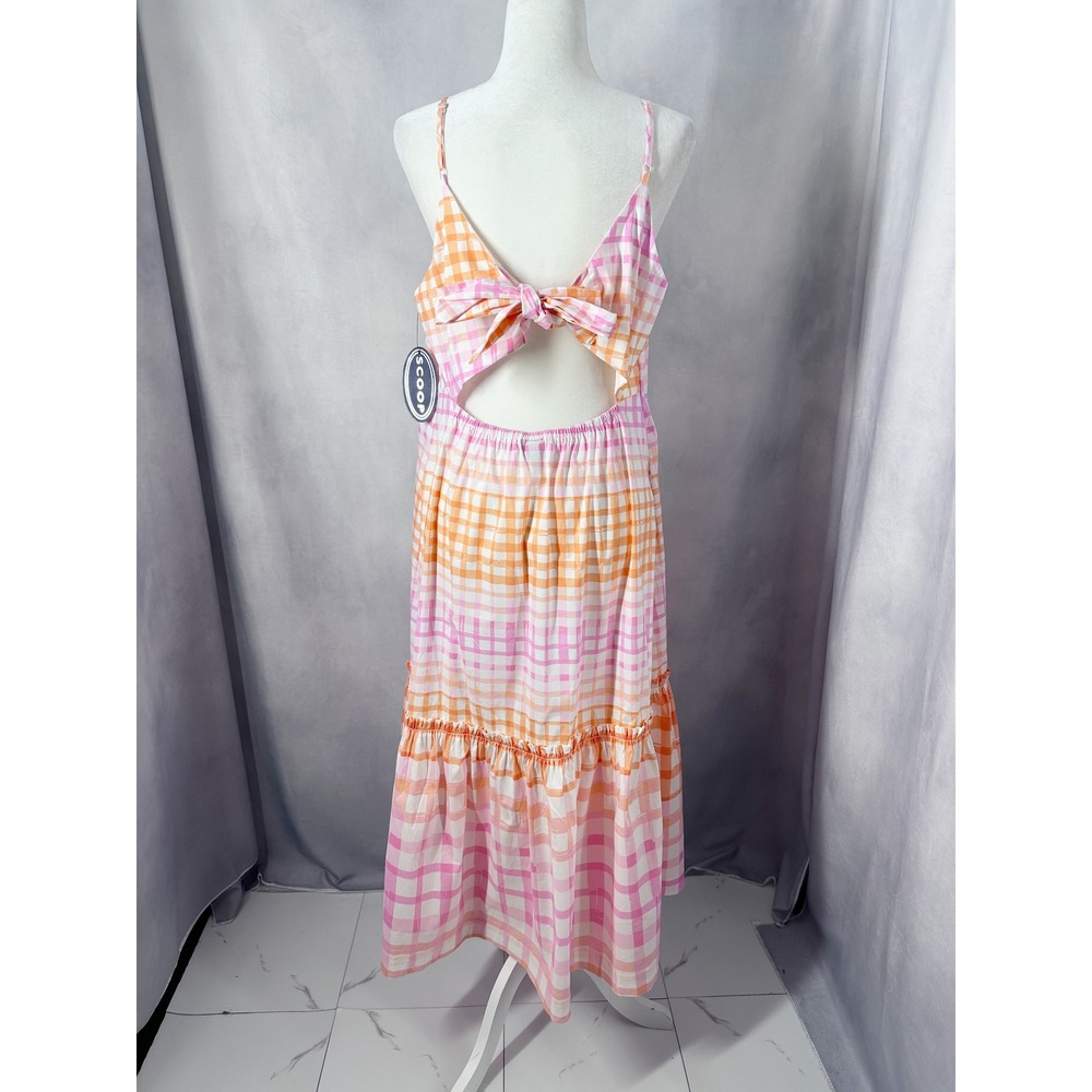 Scoop Cotton Sleeveless Gingham Tie Back Summer Midi Dress Women's Size Large - Picture 5 of 13